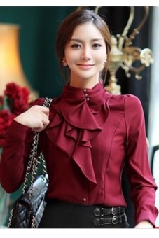 LALANG Women OL Shirt Long Sleeve Slim Blouse Tops Wine Red  
