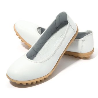 LALANG Women PU Leather Shoes Flats Boat Shoes Slip-on Fashion Loafers White  