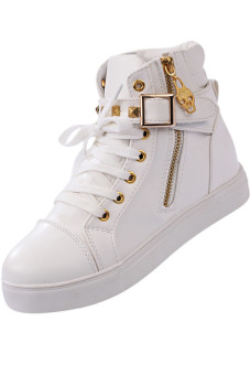 LALANG Zipper Buckle Rivet Sneakers Sports Boots Shoes White  