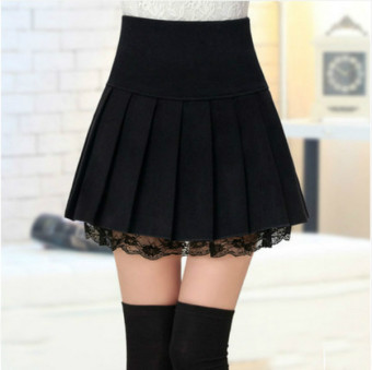 LAMANI Korean Fashion Wool Lace Elastic High Waist A-line Pleated Midi Skirts(Color:Black;Size:General) - intl  