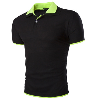 LANBAOSI Men's Contrast Color Short Sleeve Performance Polo Shirt Black Shiny Green - intl  