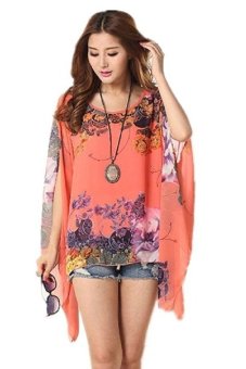 Large Size Women Pullover Loose Printing Chiffon Short Sleeve T-shirt(red)  