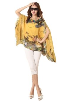 Large Size Women Pullover Loose Printing Chiffon Short Sleeve T-shirt(yellow)  
