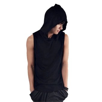 LeadSea Men Sleeveless Loose Hoody Solid Tank Tops Pullover HoodiesT-Shirt (Black)  