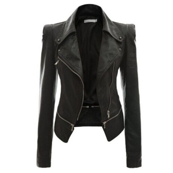 Leather Jacket Women Turn-down Collar Coat Parka Short Motorcycle Slim PU Leather Jackets- black - intl  