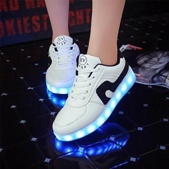 LED Light Women Men Shoes Fashion Sneakers Flat PU Breathable Casual Sports Shoes USB Charging (White Black) - intl  