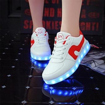 LED Light Women Men Shoes Fashion Sneakers Flat PU Breathable Casual Sports Shoes USB Charging (White Red) - intl  