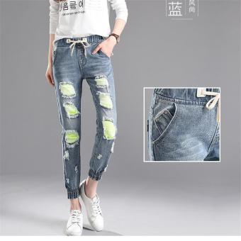 Light Blue Fashion New Korean Women Summer Pants Holes Casual Trousers for Ladies Ripped Mid Waist Drawstring Skinny Denim Calf Length Jeans - intl  