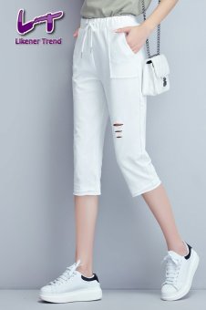 Likener Trend Elastic Waist Harem Celana Hole Casual Calf-Length Jeans (White)  