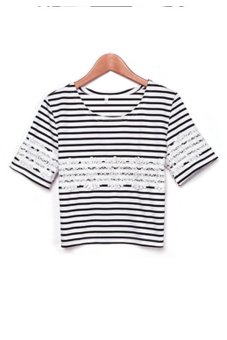 Linemart Short Sleeve Striped Cropped T-Shirt Lace Crochet (Intl)  