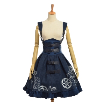 Lolita Women Gothic Punk Embroidery Dress European Vintage Suspender Dress Dark Blue - intl  