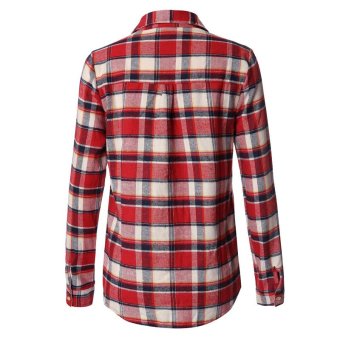 Long Sleeved Plaid Shirt Women Female Korean Lapel Striped Check Shirt  