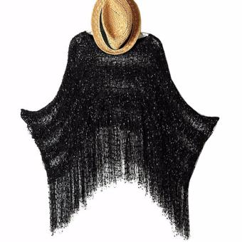 Loose bat sleeve plus size O-neck cloak tassel sweater knit shirt black - intl  