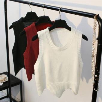 Loose Wild Round Neck Solid Color Sweater Vest Sleeveless Knitting Vest(white) - intl  