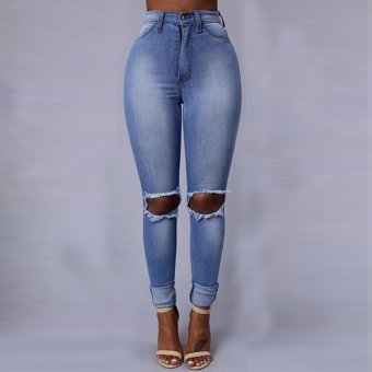 Lovaru Women High-quality Knee Hole Jeans Feet Pencil Trousers Worn(Blue)  