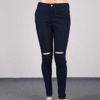 Lovaru Women High-quality Personality Hole Skinny Jeans(Deep Blue)  