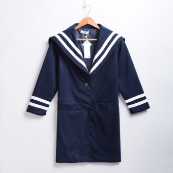 Lovely Girls Sailor Collar Woolen Coat Preppy Long Jacket Outwear (Navy) (Intl) - Intl  