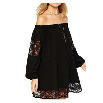 LoveU Women Sexy Off Shoulder Lace Blouse Hollow Long Sleeve Loose Mini Dress(M(US(8-810)-Black? - intl  