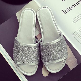 Luxury Stunning Sequins Flat Sandals Summer Beach Shoes Thicken Outsole Slippers Comfortable Pregnant Shoes Silver XZ228 - intl  