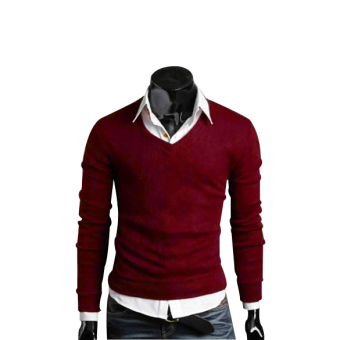 Male Vintage Autumn Cotton V-neck Sweater Wine Red - intl  