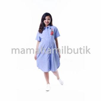 Mama Hamil Baju Hamil Dress Kerja Katun Full Kancing Bordir Bunga - Biru Muda  