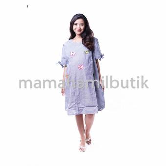 Mama Hamil Baju Hamil Jumbo Dress Menyusui Big Size Bordir Kupu Cantik Salur Modis - Biru - Free 1 Celana Dalam Hamil  
