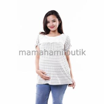 Mama Hamil Baju Hamil Menyusui Kaos Salur Brokat Lucu - Abu Muda  