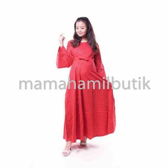 Mama Hamil Baju Hamil Muslim Gamis Hamil Polkadot Pita Lengan Lonceng - Merah - Free 1 Celana Dalam Hamil  