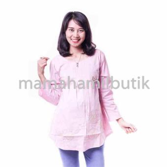 Mama Hamil Baju Hamil Muslim Katun Pita Bordir Bunga Cantik - Pink - Free 1 Celana Dalam Hamil  