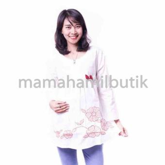 Mama Hamil Baju Hamil Muslim Katun Pita Bordir Bunga Cantik - Putih - Free 1 Celana Dalam Hamil  