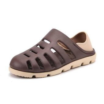 Men Hollow Sneakers Beach Sandals Slip on Loafer Slipper Breathable Stripe Shoes-Brown - intl  