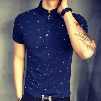 Men Printed Stand Collar Polo Shirt Short Sleeve Casual Men Shirts Slim Fit Polo Plus Size S-XXL(navy blue)  