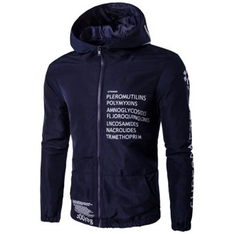Men 's leisure jacket lettering hooded zipper fashion coat Navy - intl  