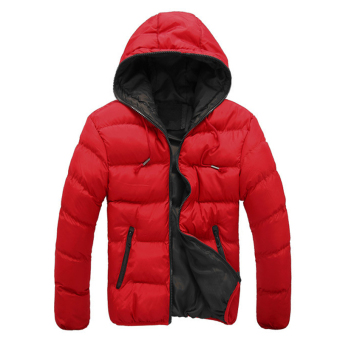 Men 's winter coat warm hooded zipper cotton Red+Black - intl  