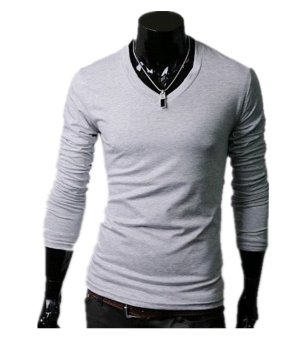Men Slim Fit Solid Color Stylish V Neck Long Sleeve T-shirts Tee Tops-Light Gray  