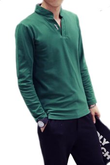 Mens Autumn Clothing 2015 New V-Neck Polo Shirts Slim Long Sleeve Neck Printed Casual T-Shirts(Green)  