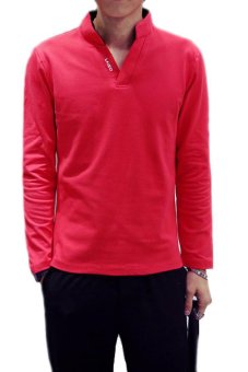 Men's Autumn Clothing 2015 New V-Neck Polo Shirts Slim Long SLeeve Neck Printed Casual T-Shirts (Red)  