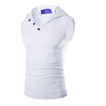Men's Button-down Collar Sleeveless Hooded Vest Shirt (White)  