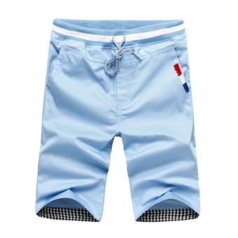 Men's Casual Drawstring Shorts with Contrast Plaid Hem (Sky Blue) - intl  