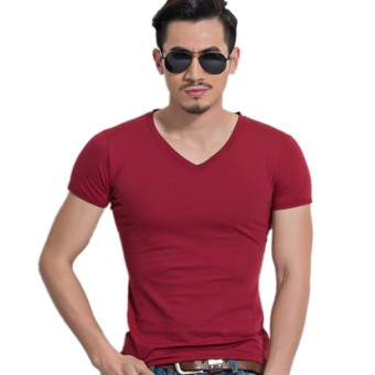 Men's Casual Plain Cotton Summer Slim V-Neck Short Sleeve Tops Tee T-shirt Red  