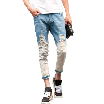 Men's Destroyed Hole Slim Feet Straight ripped Jeans Blue Hip Hop Lace Trousers Brand Denim Pant (Grey) (Intl) - Intl  