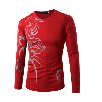 Men's fashion casual round neck long-sleeved T-shirt printing tattoo red  