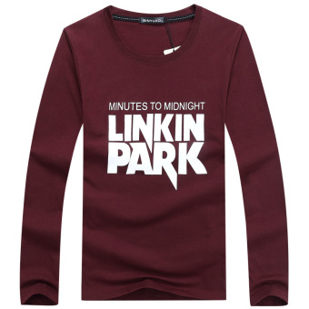 Men's Fashion Long-sleeved O-neck Letters Printing T-shirt (Wine red)  