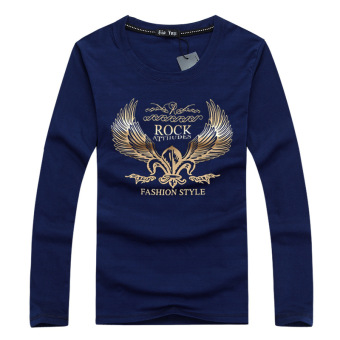 Men's Fashion Long-sleeved O-neck Printing Gold Wings T-shirt (Dark blue)  