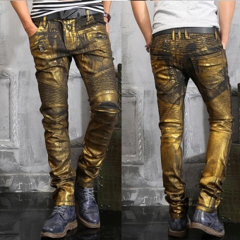 Men's Fashion Runway Shiny Golden Coated Oiled Stretch Slim Black Biker Washed Jeans Size 28-38 - intl  