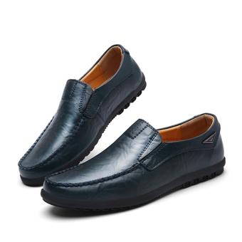 Men's Genuine Leather Doug Shoes Slip-Ons Driving Loafers Casual Rubber Sole Shoes(Blue)  
