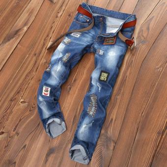 Men's Hole Jeans Straight Ripped Jeans Embroidery Patch Pants Male Denim Pants Trousers - intl  