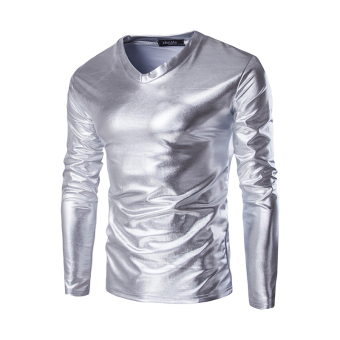 Men's new fashion slim Long-Sleeved bronzing shirt pure color(SILVER) (Intl) - intl  