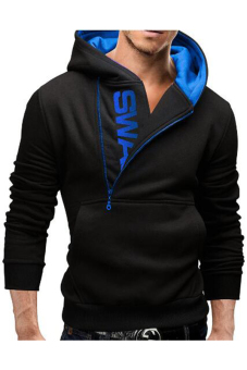 Mens Slim Warm Hooded Sweatshirt Zipper Stylish Sweater (Black/Blue)  