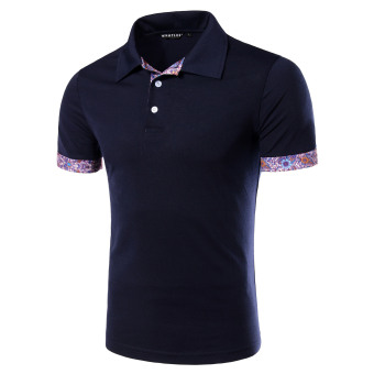 Men's summer new floral stitching lapel short-sleeved T-shirt business and leisure POLO shirt Navy  